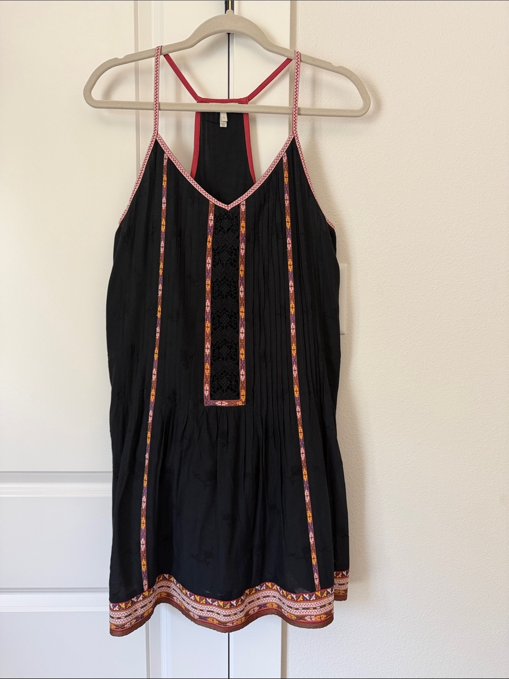 Joie Black Sleeveless Embroidered Tiered Dress with Pink Trim